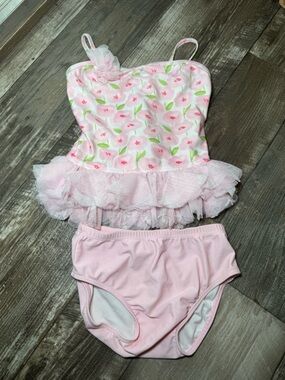 Isobella and Chloe Pink Floral Ruffle Toddler Swimsuit